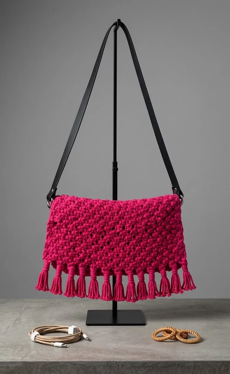 sac macramé rose